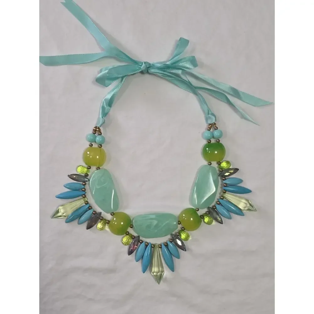 Vibrant Colorful Statement Necklace Green Blue Turquoise Stones Ribbon Closure